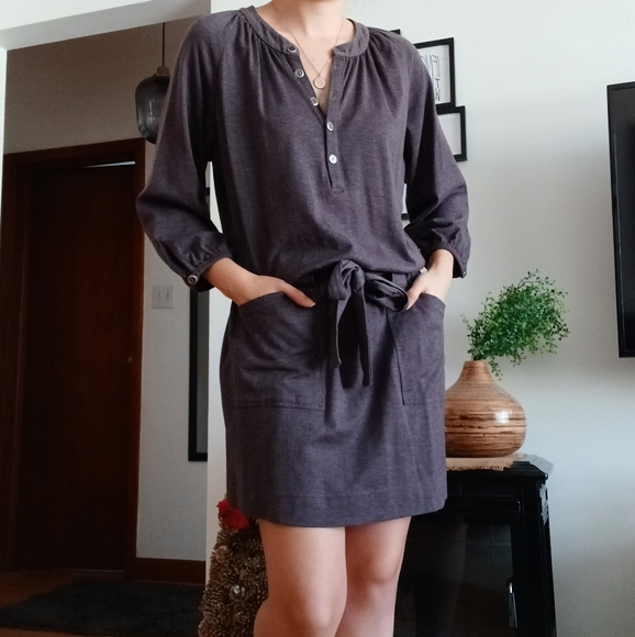 SOLD 5/30 🔮Taupe Belted Drop-Waist Dress - Picture 1 of 13